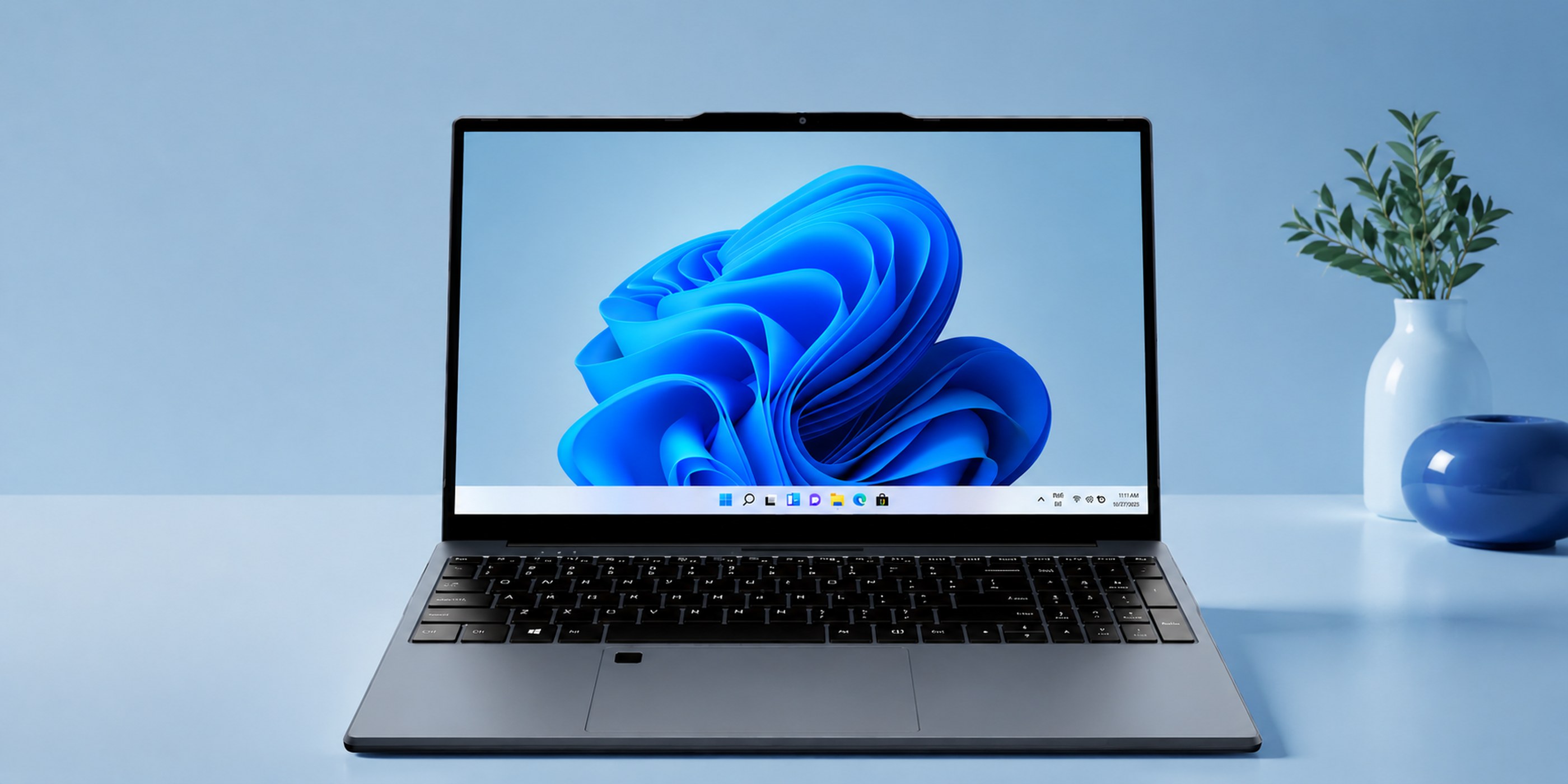 WK Core i5 laptop showing starry galaxy wallpaper on a soft blue minimalist desk