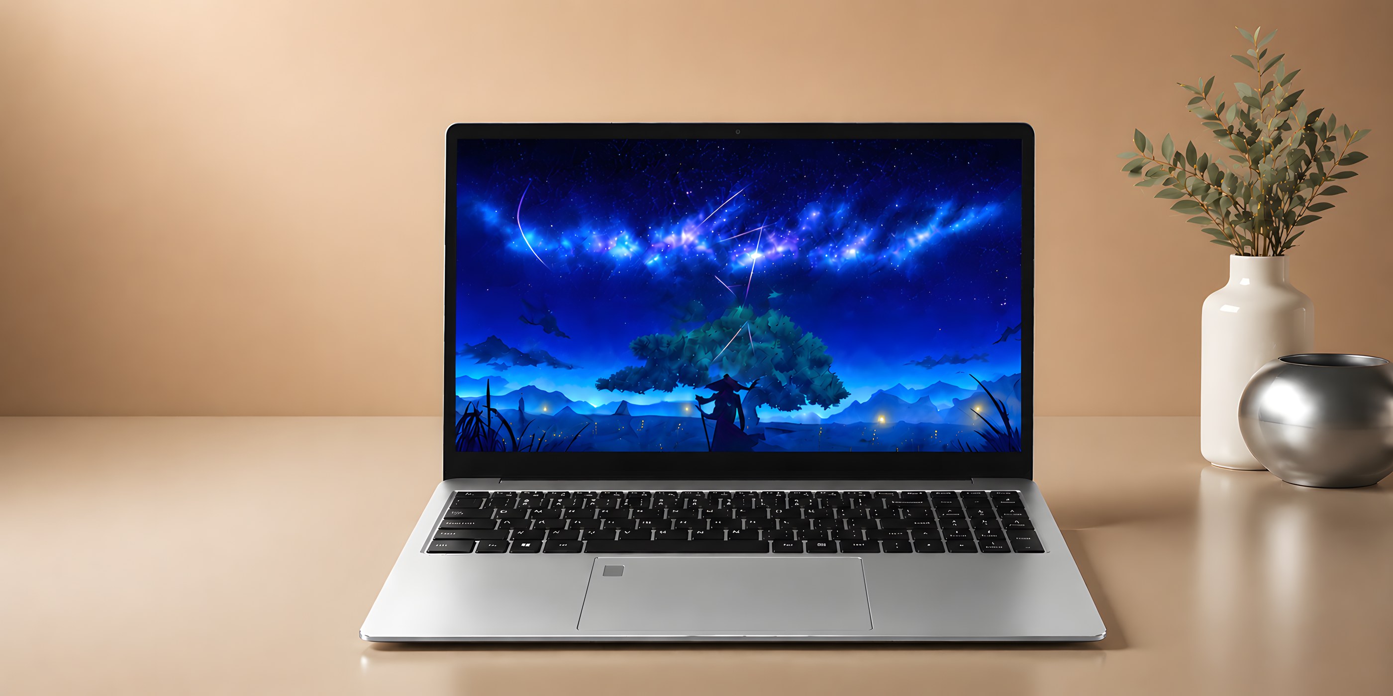 WK N95 silver gaming laptop with starry-night wallpaper on a soft beige desk