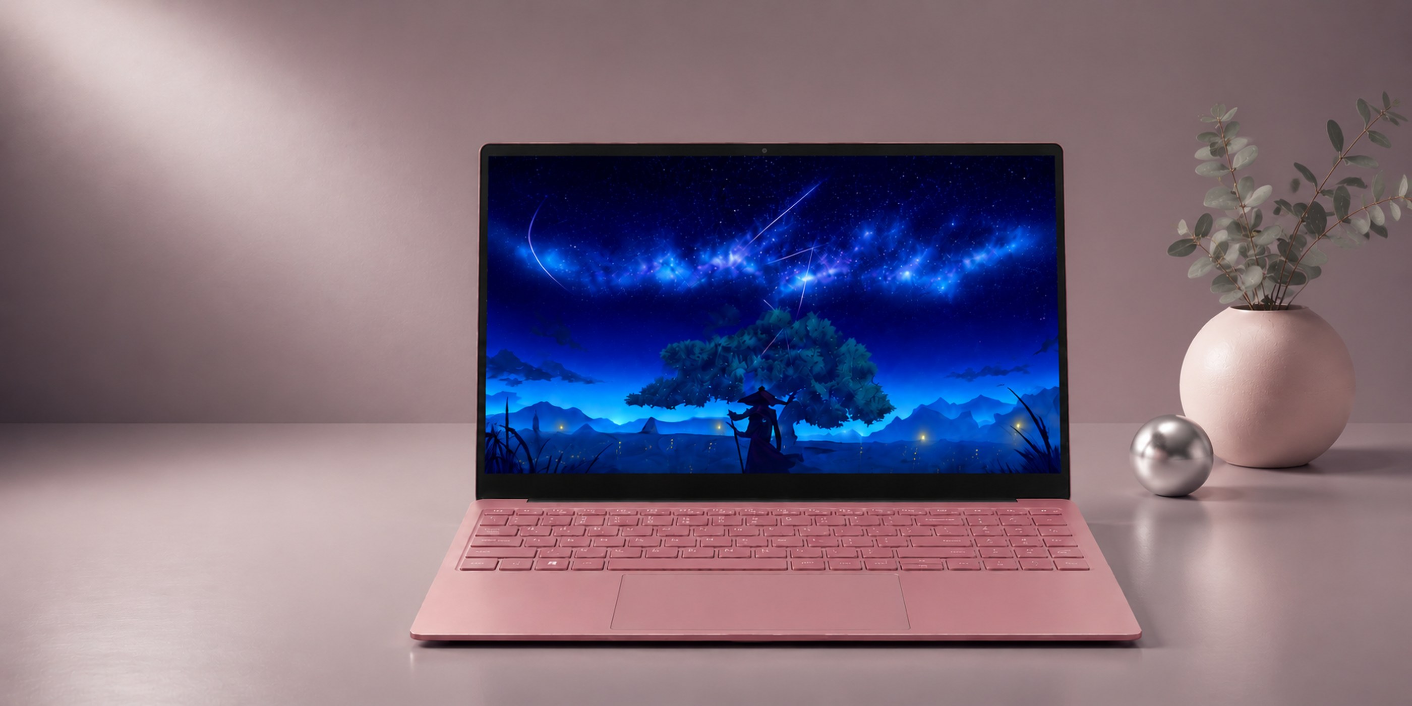 WK AuraBook 15.6 in Rose Gold colorway on a soft pink desk with starry-night wallpaper