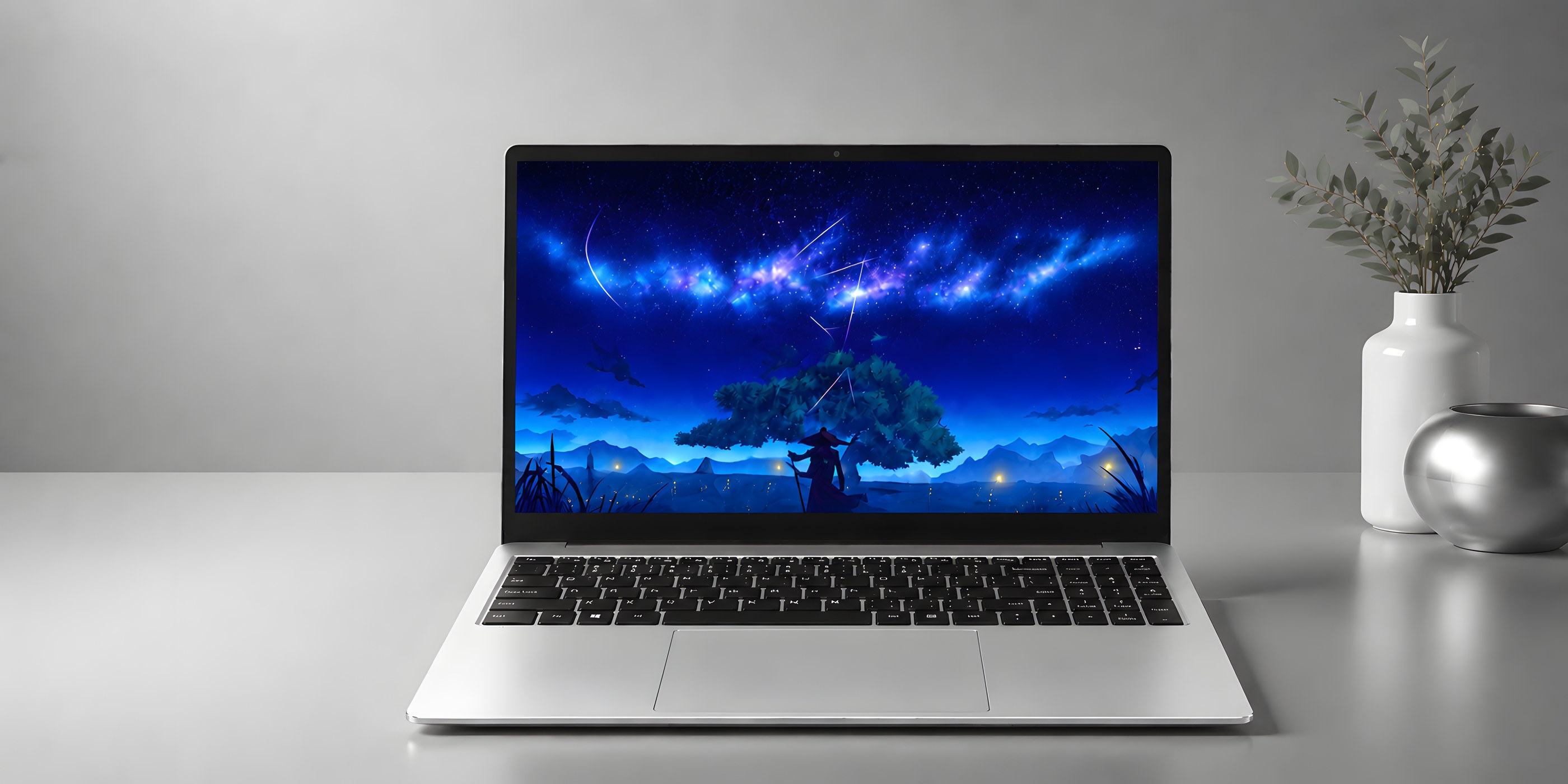 WK AuraBook 15.6 in Silver colorway on a cool grey desk with starry-night wallpaper