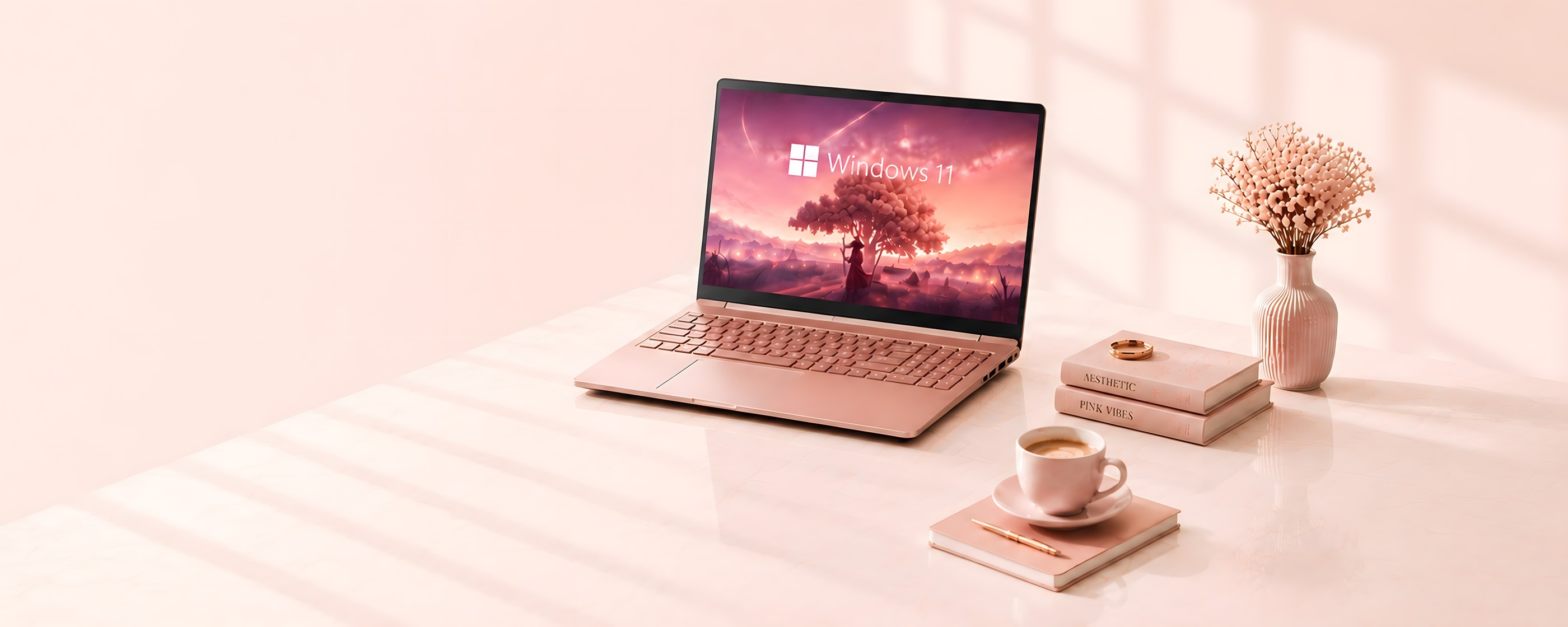 WK AuraBook 15.6 rose gold laptop showing Windows 11 wallpaper, styled with pink books, dried pink flowers in a ceramic vase, and a coffee cup on a warm pink desk